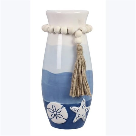 Youngs 8 Ceramic Coastal Ombre Vase with Beaded Tassel 62010
